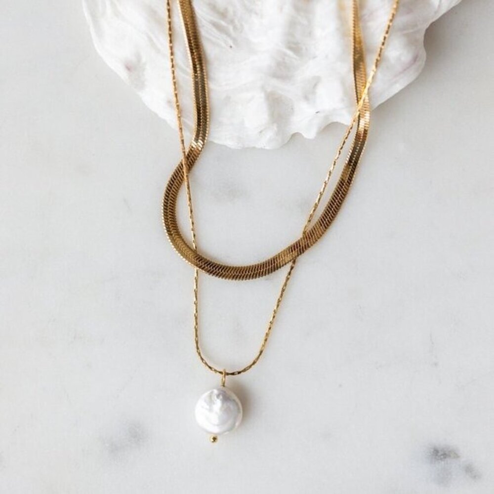 DOUBLE Layer Gold Necklace Pearl Coin Herringbone Waterproof Gold Necklace